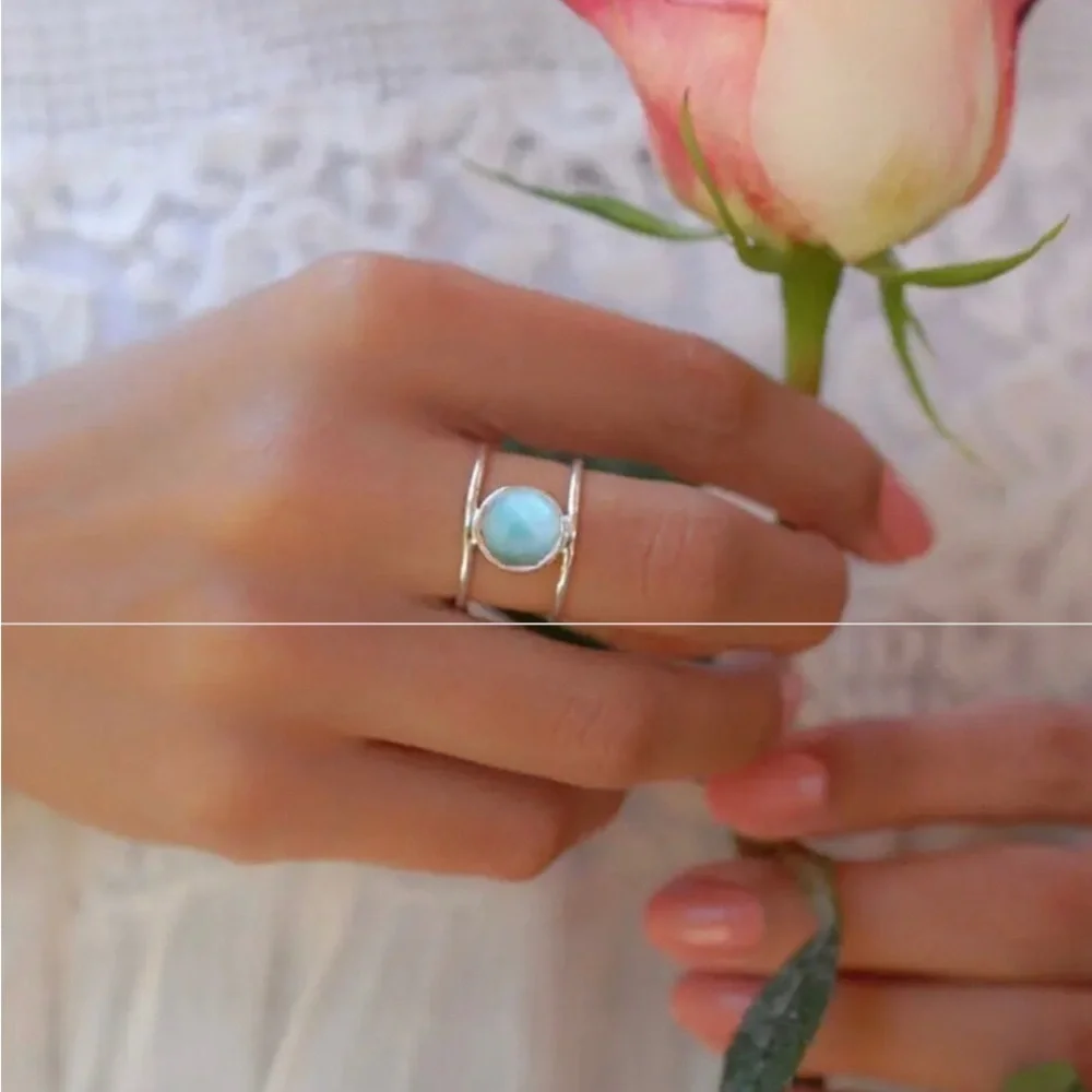 Bohemian Blue Stone Silver Fashion Ring, Size 9